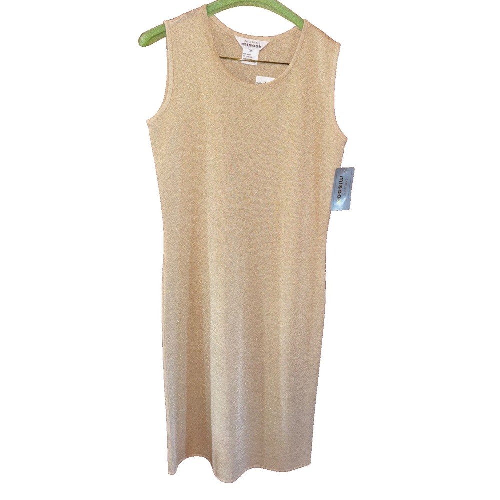 NWT  Exclusively Misook Sleeveless Sheath Knit Dress Gold thread women size XS